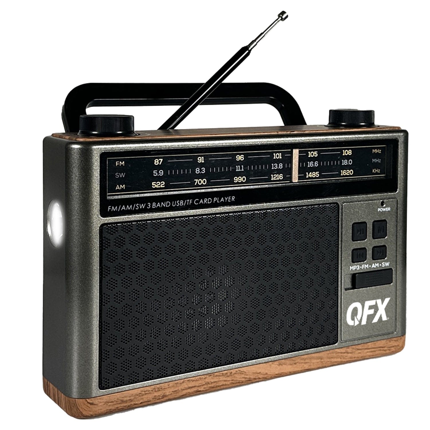 QFX Retro-Style Portable AM/FM/Shortwave Radio with Bluetooth, Flashlight, and Party Light, Brown, Retro-1937