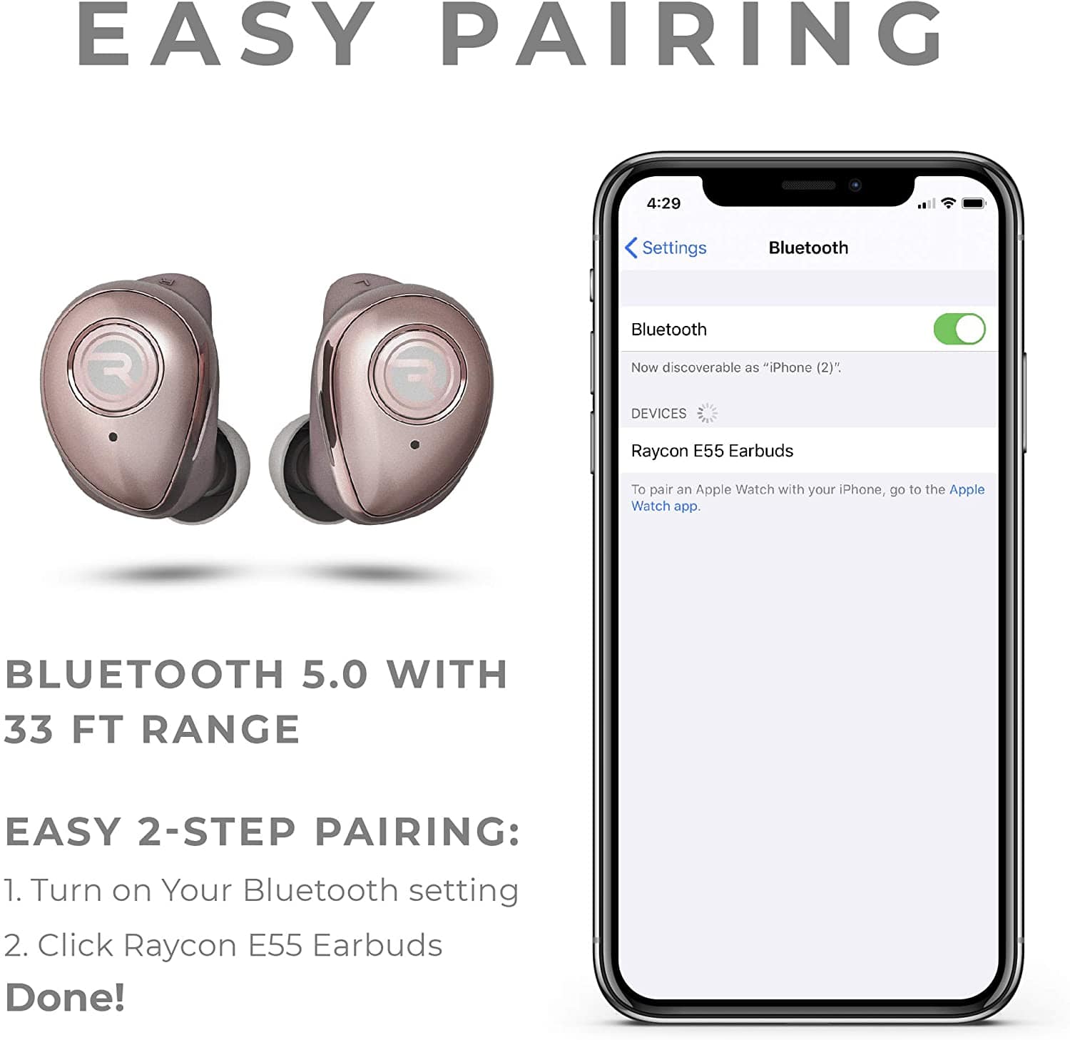 Raycon E50 Gold Wireless Earbuds Bluetooth Built-in Mic Headphones + Case Rose Gold