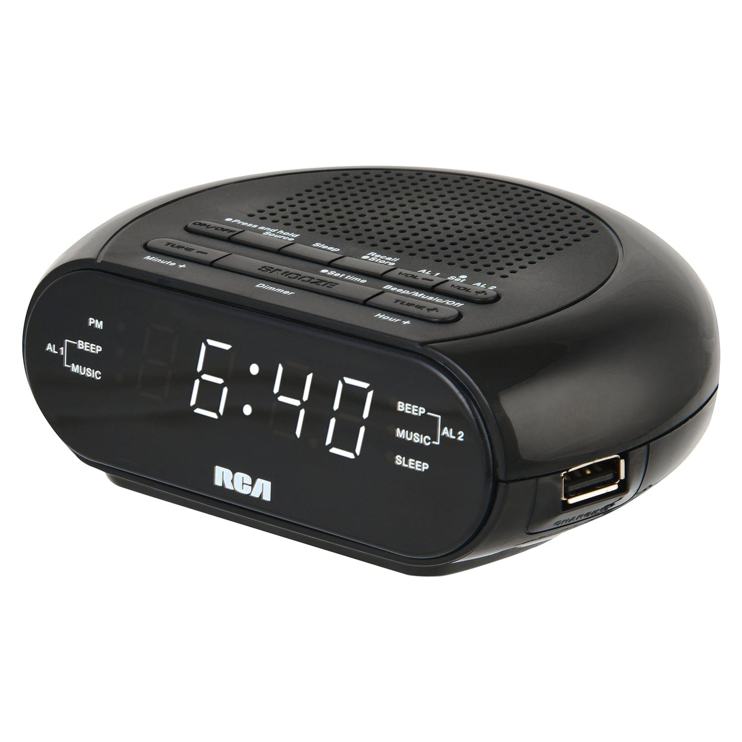 RCA Digital Radio Alarm Clock with Soothing Sounds, Brightness Control, USB Charging Port, and Battery Backup, RCS27