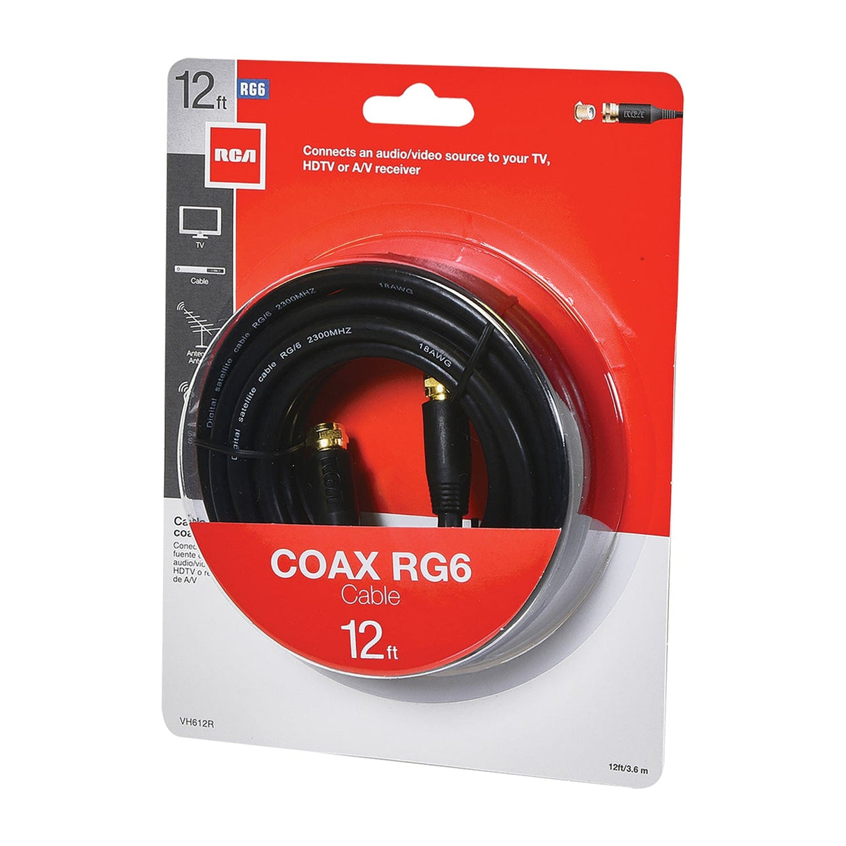 RCA RG6 Coaxial Cable with F-Connectors, 12 Ft., Black