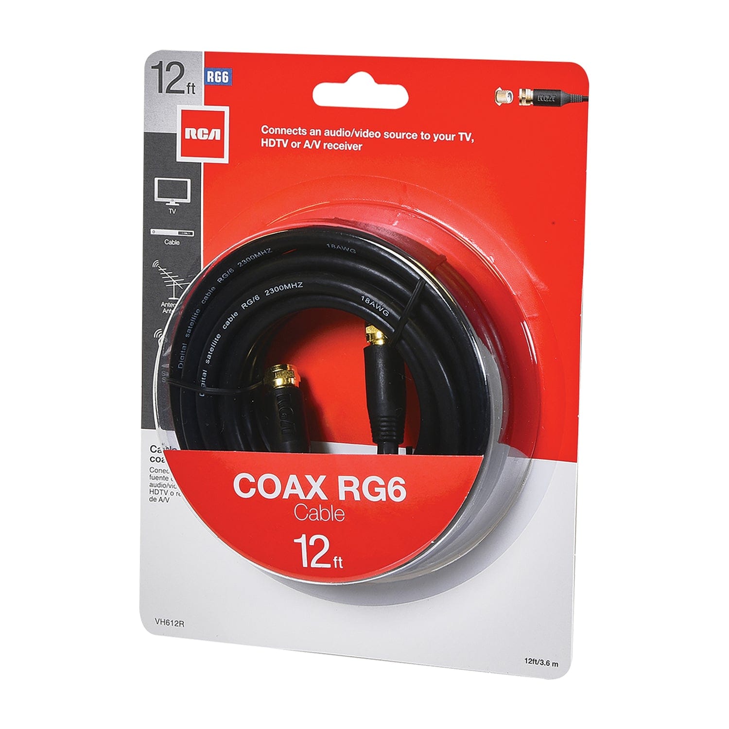 RCA RG6 Coaxial Cable with F-Connectors, 12 Ft., Black