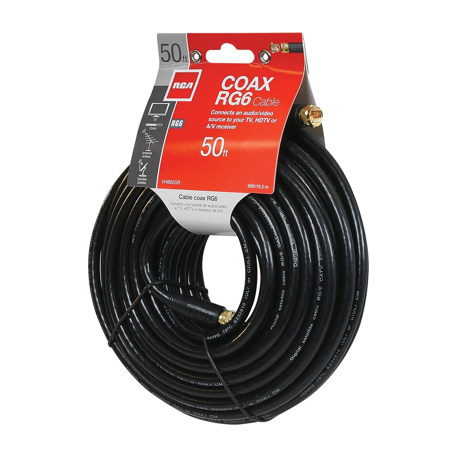 RCA RG6 Coaxial Cable with F-Connectors, 50 Ft., Black