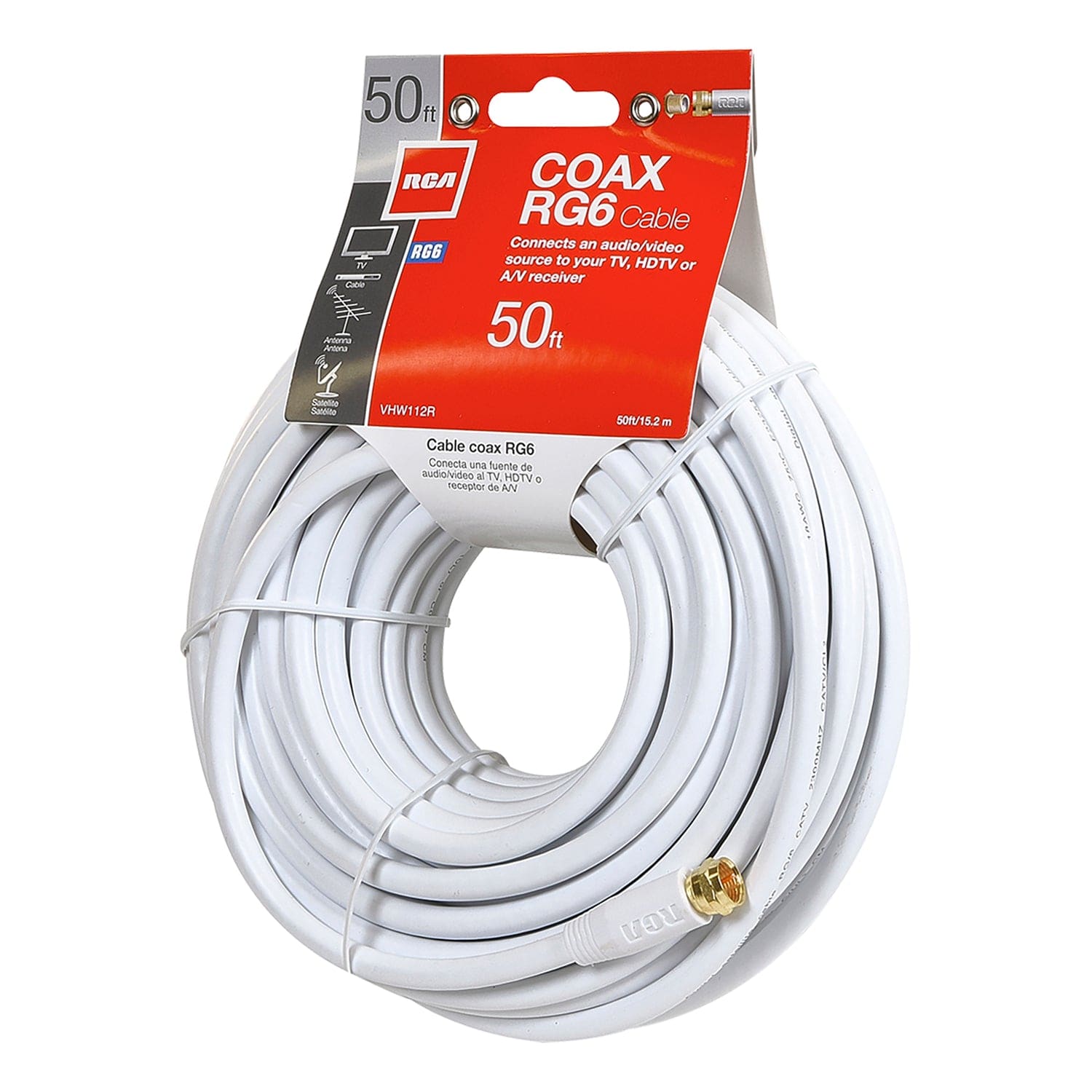 RCA RG6 Coaxial Cable with F-Connectors, 50 Ft., White