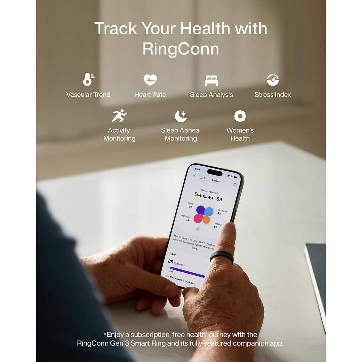 RingConn Gen 3 Smart Ring with Vascular Health Insights, Vibration Alerts, Sleep Apnea Monitoring, Charging Case, Size 10, Brushed Silver