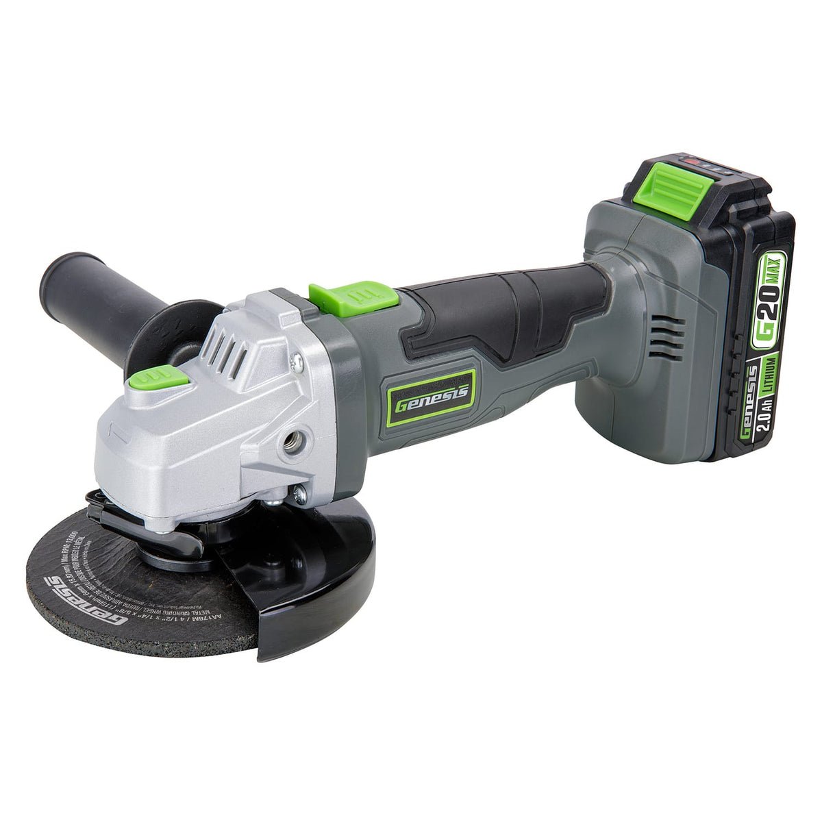 Genesis G20Max 20-Volt Cordless 4-1/2 In. Angle Grinder with 5/8-In. UNC Spindle, 2-Position Handle, Lock-on Switch, Wrench, 2.0-Ah Battery, Charger