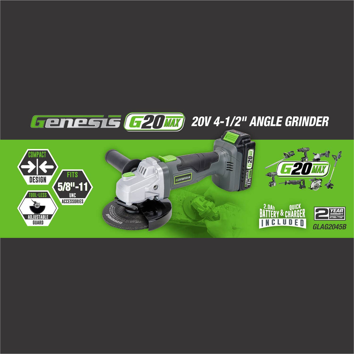 Genesis G20Max 20-Volt Cordless 4-1/2 In. Angle Grinder with 5/8-In. UNC Spindle, 2-Position Handle, Lock-on Switch, Wrench, 2.0-Ah Battery, Charger