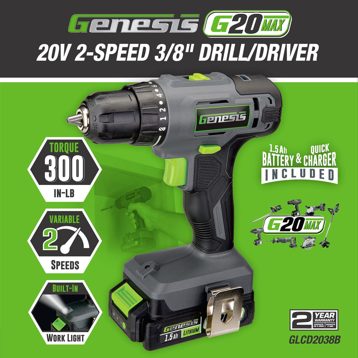 Genesis G20MAX 20-Volt Cordless Li-Ion 2-Speed 3/8-In. Drill Driver, GLCD2038B