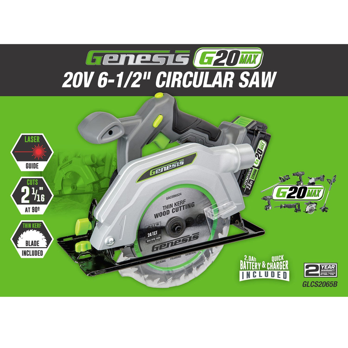 Genesis G20Max 20-Volt Cordless 6-1/2 In. Circular Saw with Laser, Blade, Work Light, Spindle Lock, 2.0-Ah Battery, and Charger
