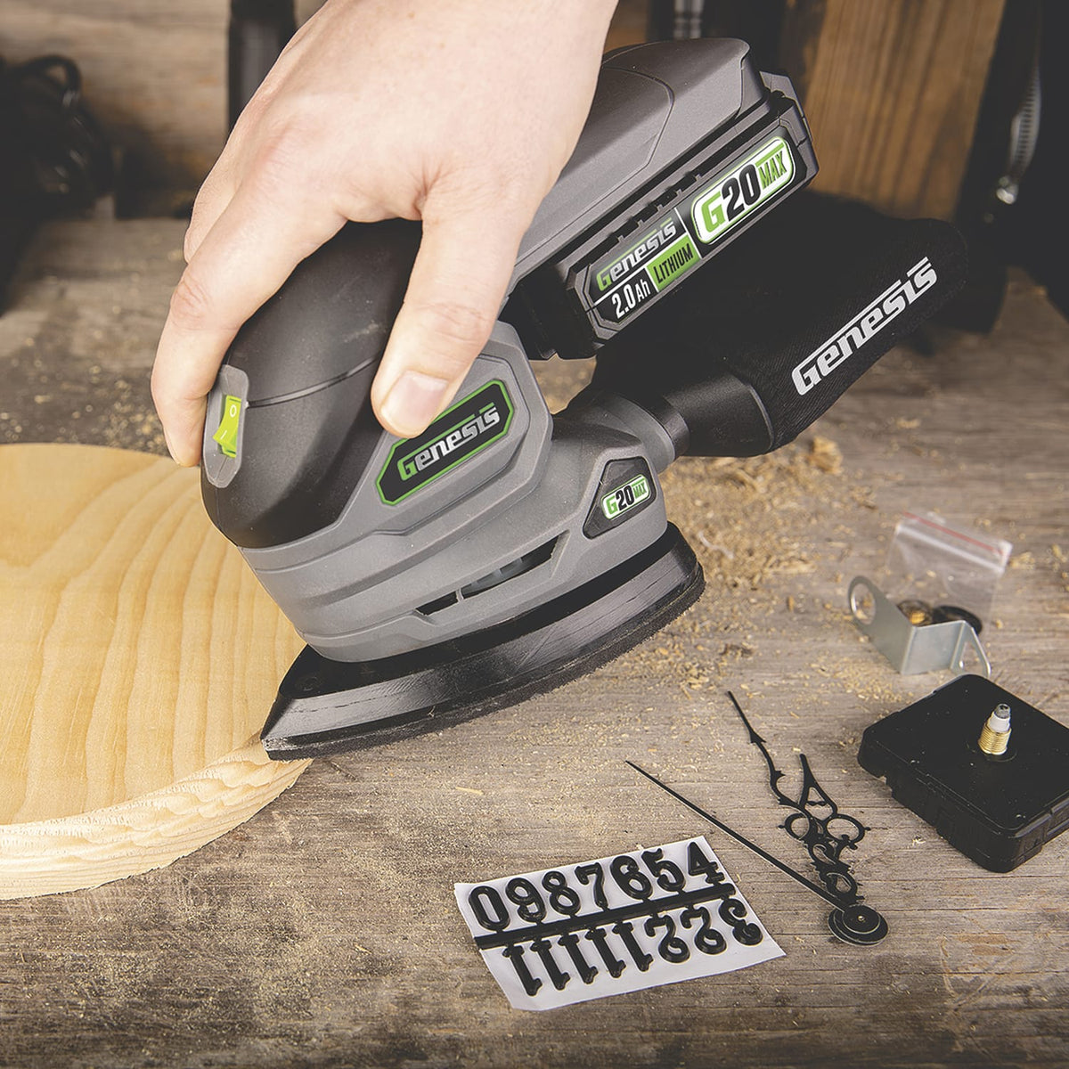 Genesis G20Max 20-Volt Cordless Corner/Detail Sander with Hook-and-Loop Backer Pad, Comfort Palm Grip, Dust Bag, 2.0-Ah Battery, Charger