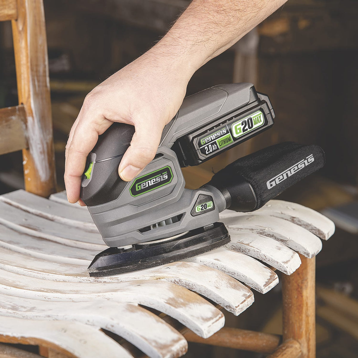 Genesis G20Max 20-Volt Cordless Corner/Detail Sander with Hook-and-Loop Backer Pad, Comfort Palm Grip, Dust Bag, 2.0-Ah Battery, Charger