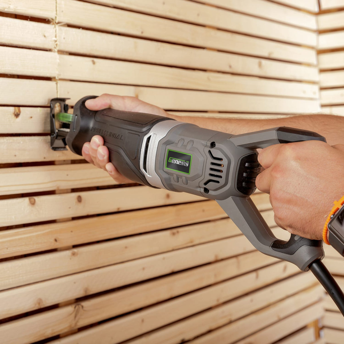 Genesis 10-Amp Corded Variable-Speed Reciprocating Saw with 1-1/8 In. Stroke Length, Tool-less Blade Clamp, Adjustable Pivoting Shoe, and 2 Blades