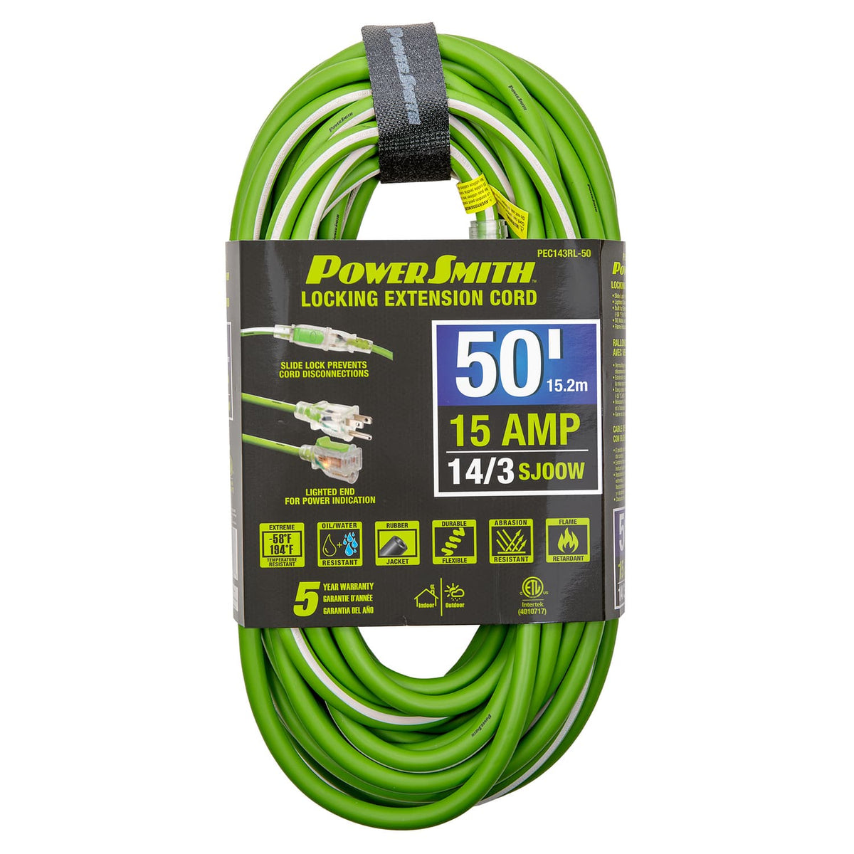 PowerSmith 1-Outlet 15-Amp 3-Prong Grounded Medium-Duty Rubber-Jacket Outdoor Locking Extension Cord, 14-Gauge with Lighted Straight Plug, 50 Ft.