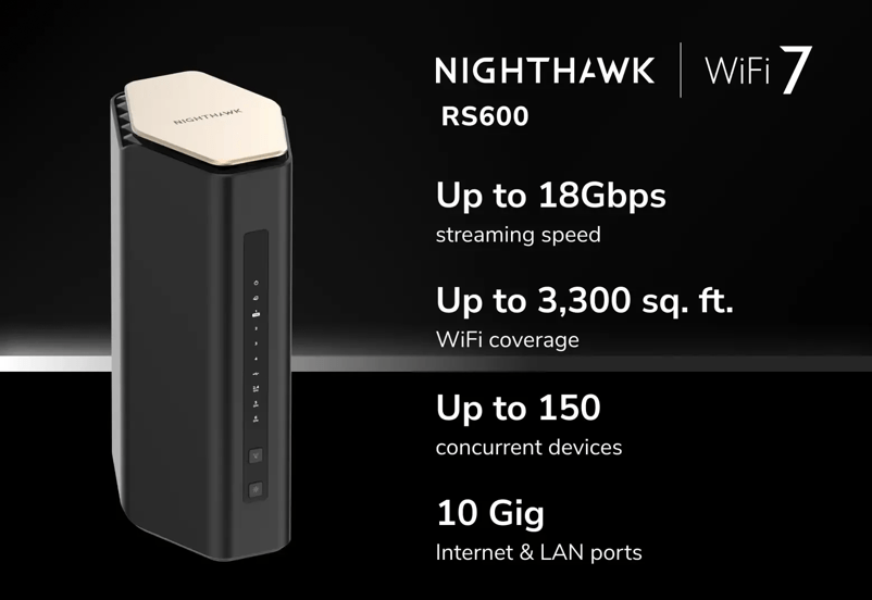 Netgear Nighthawk RS600 Tri-Band WiFi 7 Router, 18Gbps, 3300 sq.ft. Coverage, 150 Devices, 10 Gig Port - Certified Refurbished