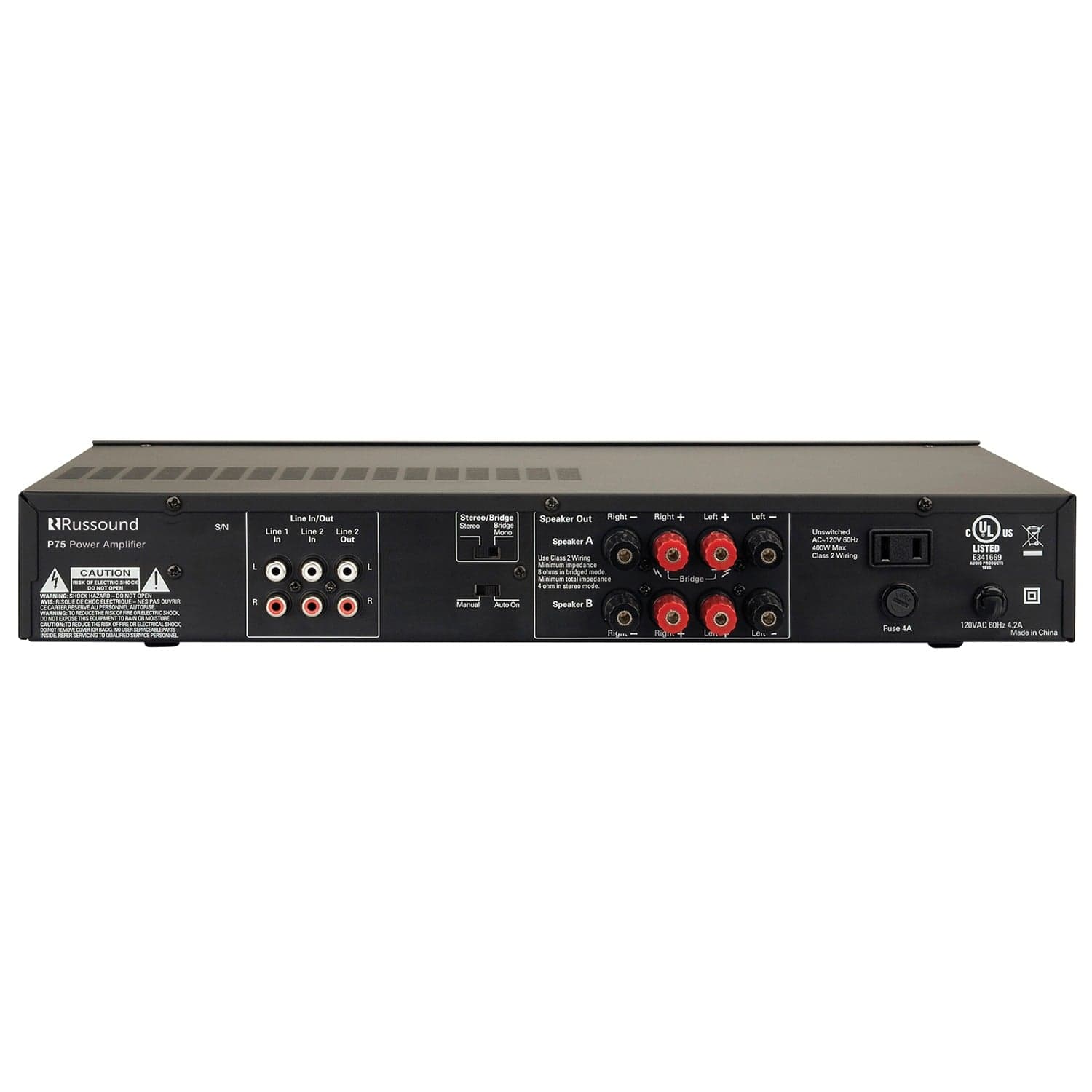 Russound 75-Watt 2-Channel Dual-Source Amplifier with Automatic Switching and Support for 2 Speaker Pairs, Bridgeable to 160 Watts Mono, PS75