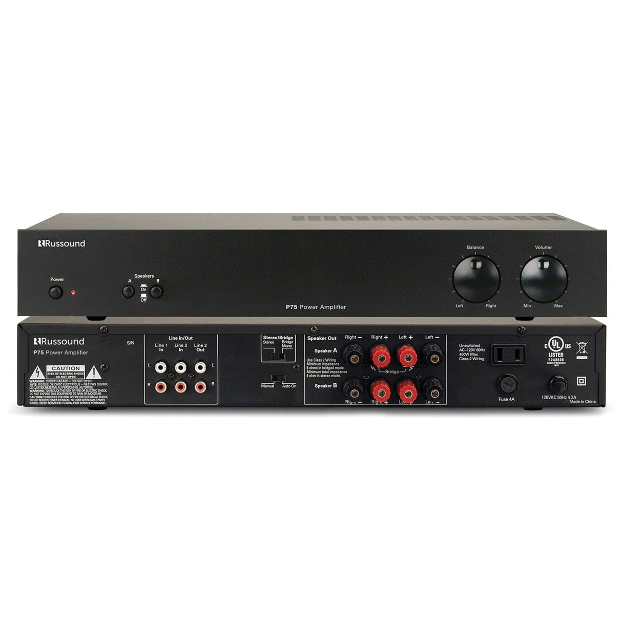Russound 75-Watt 2-Channel Dual-Source Amplifier with Automatic Switching and Support for 2 Speaker Pairs, Bridgeable to 160 Watts Mono, PS75