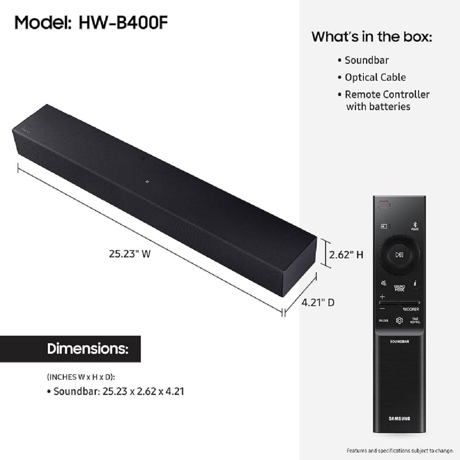 Samsung 2.0-Channel 40-Watt 25.23-In. Sound Bar with Built-in Subwoofer, Surround Sound Expansion, HDMI, Remote, Bluetooth TV Pairing, HW-B400F