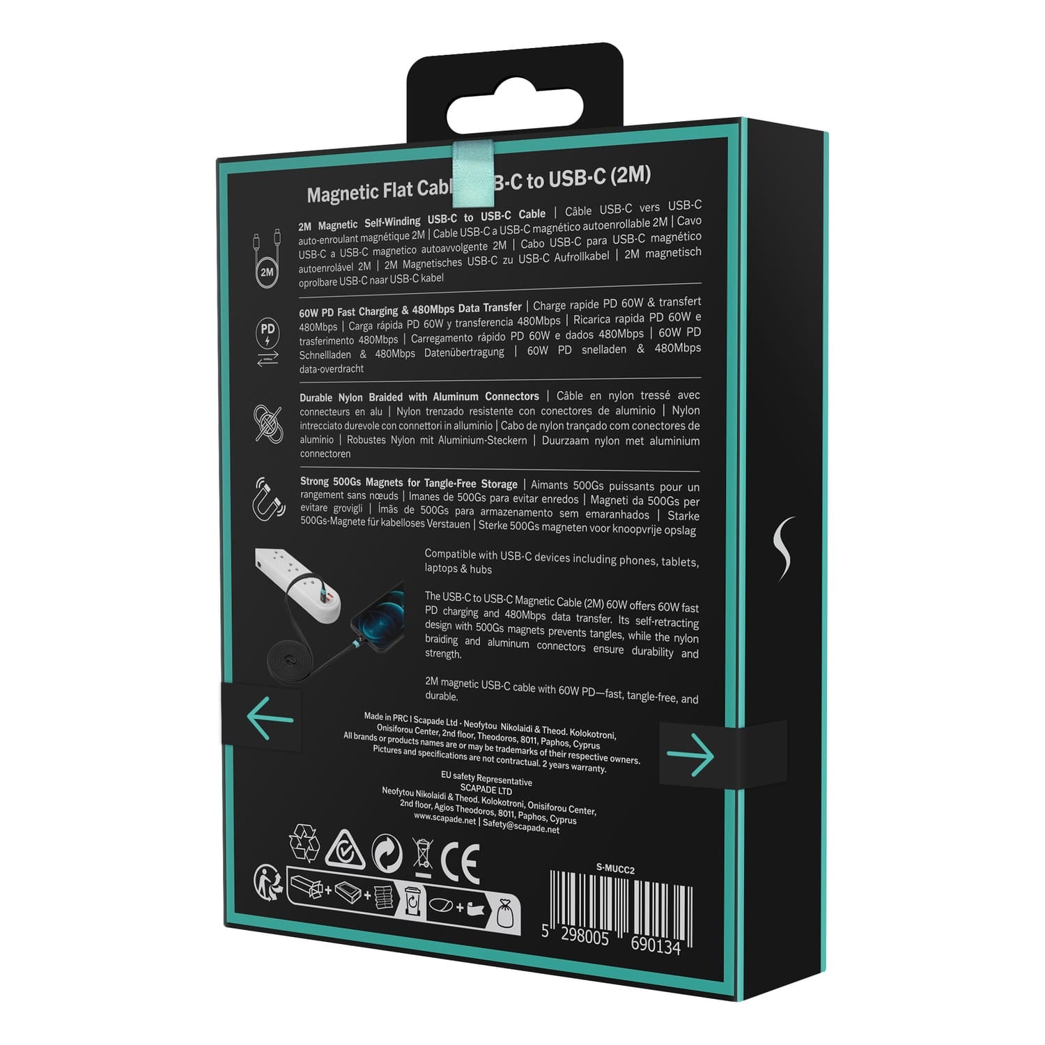 Scapade MagLink C USB-C to USB-C Magnetic Flat Cable with 60-Watt PD Fast Charging, 6.5 Ft.