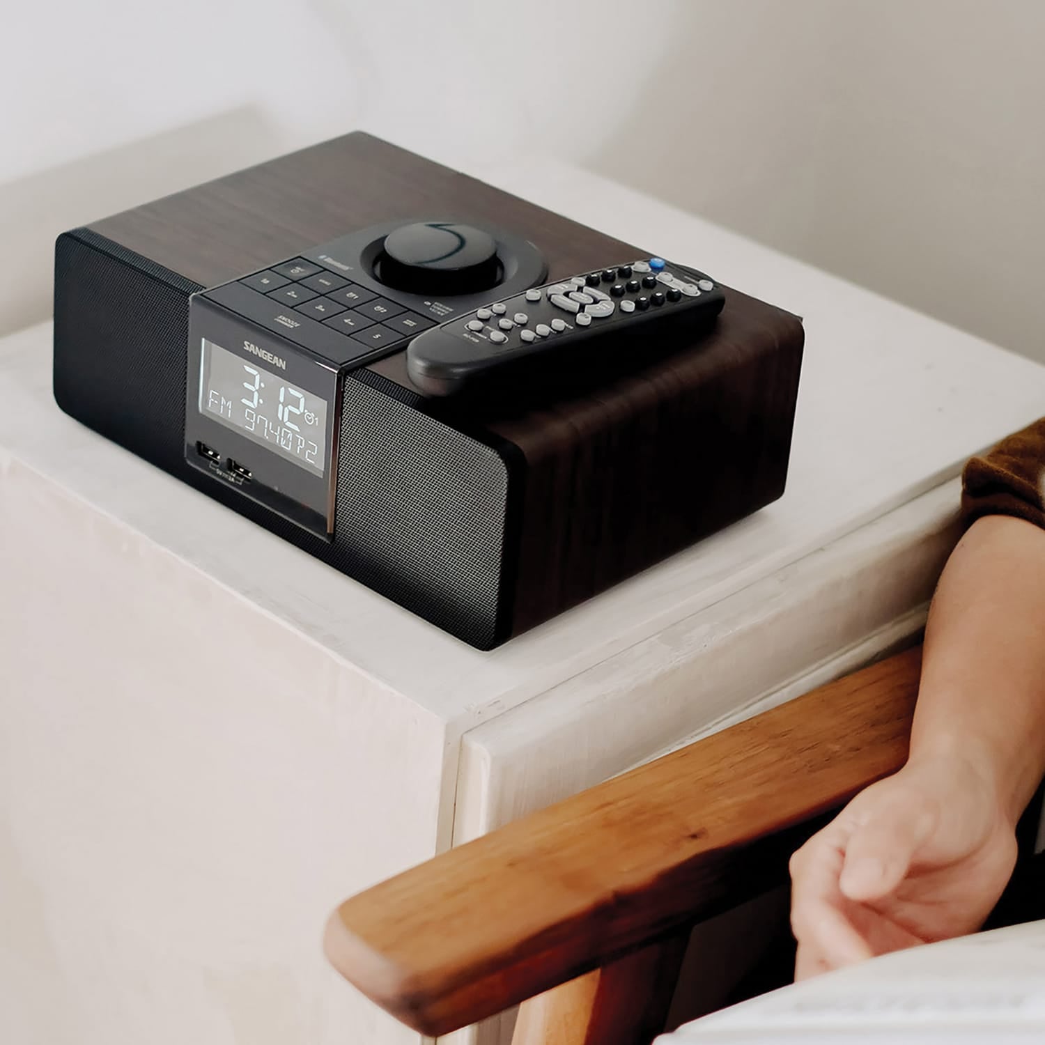 Sangean AM/FM Bluetooth Tabletop Wooden Clock Radio with Alarm and Sleep Timers