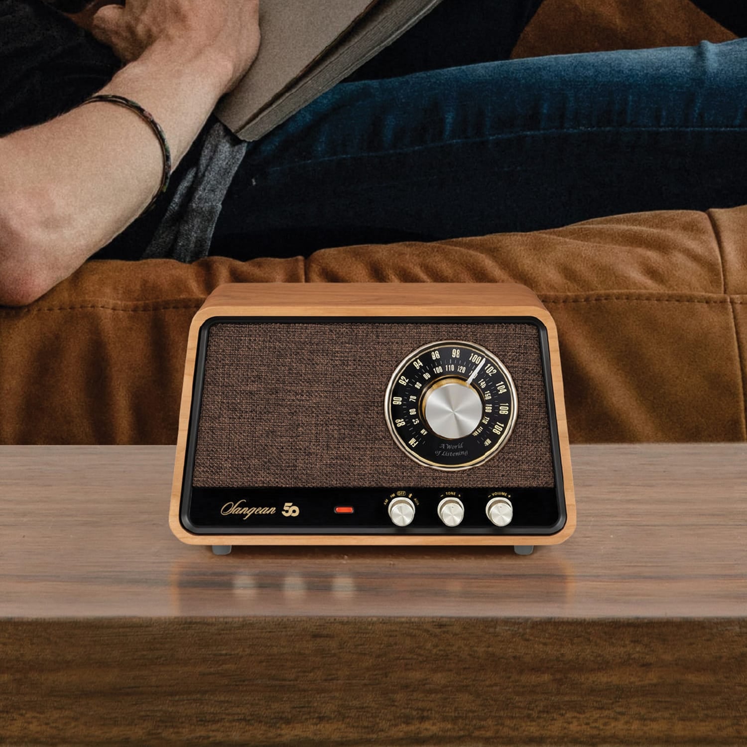 Sangean Retro-Style AM/FM/Bluetooth Wooden Cabinet Tabletop Radio, Natural Cherry, WR-55
