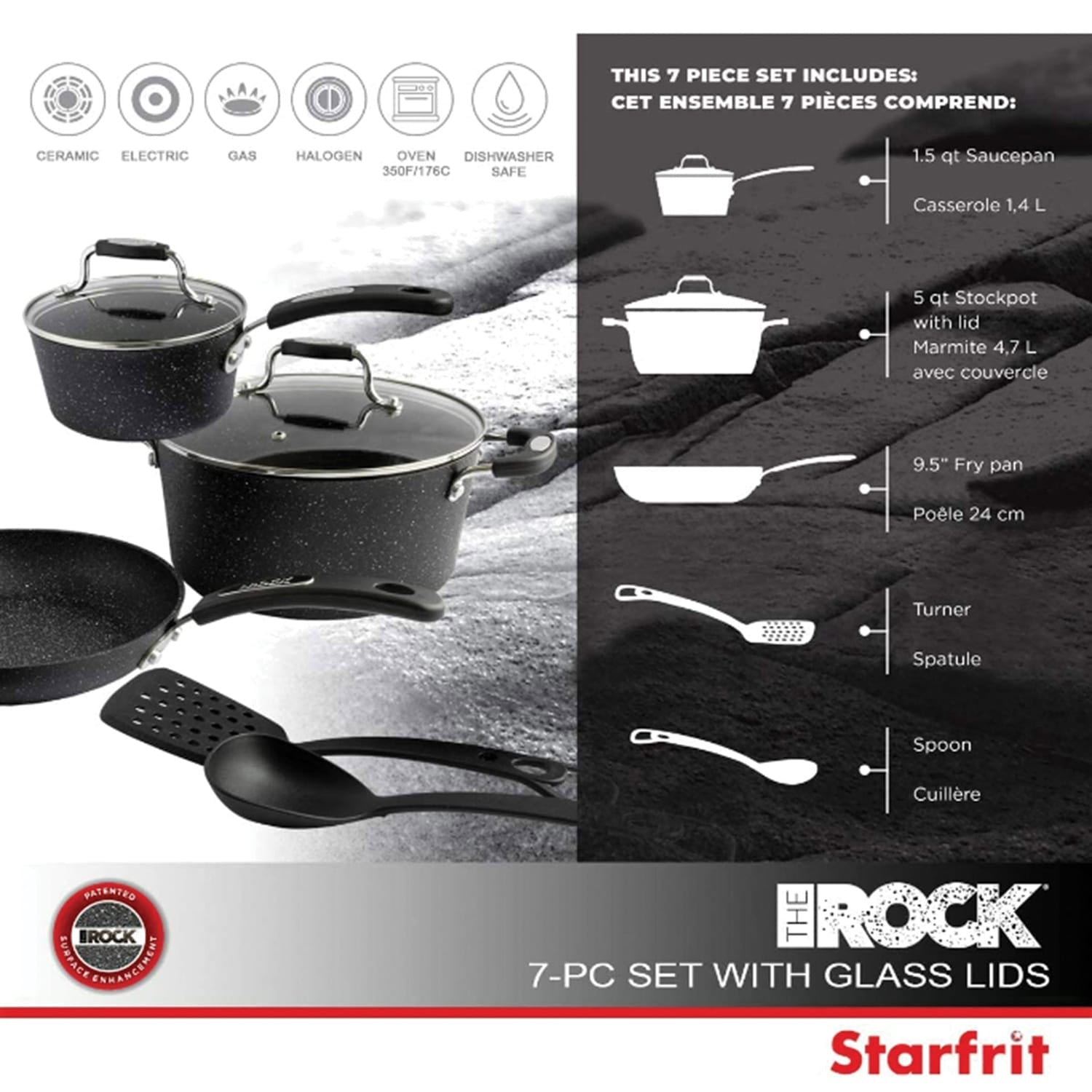 THE ROCK by Starfrit 7-Piece Cookware Set w/Bakelite Handles, Black