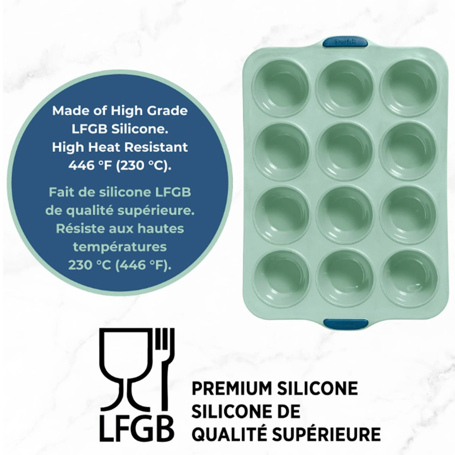 Starfrit 12-Cup Silicone Muffin Pan with Integrated Metal Frame, Sage Green