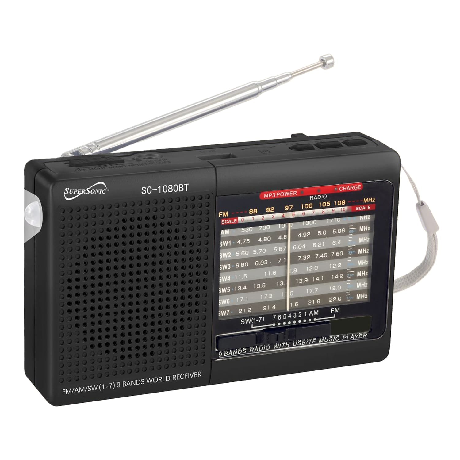 Supersonic 9-Band Rechargeable Radio with Bluetooth and USB/microSD Card Input, SC-1080BT, Black