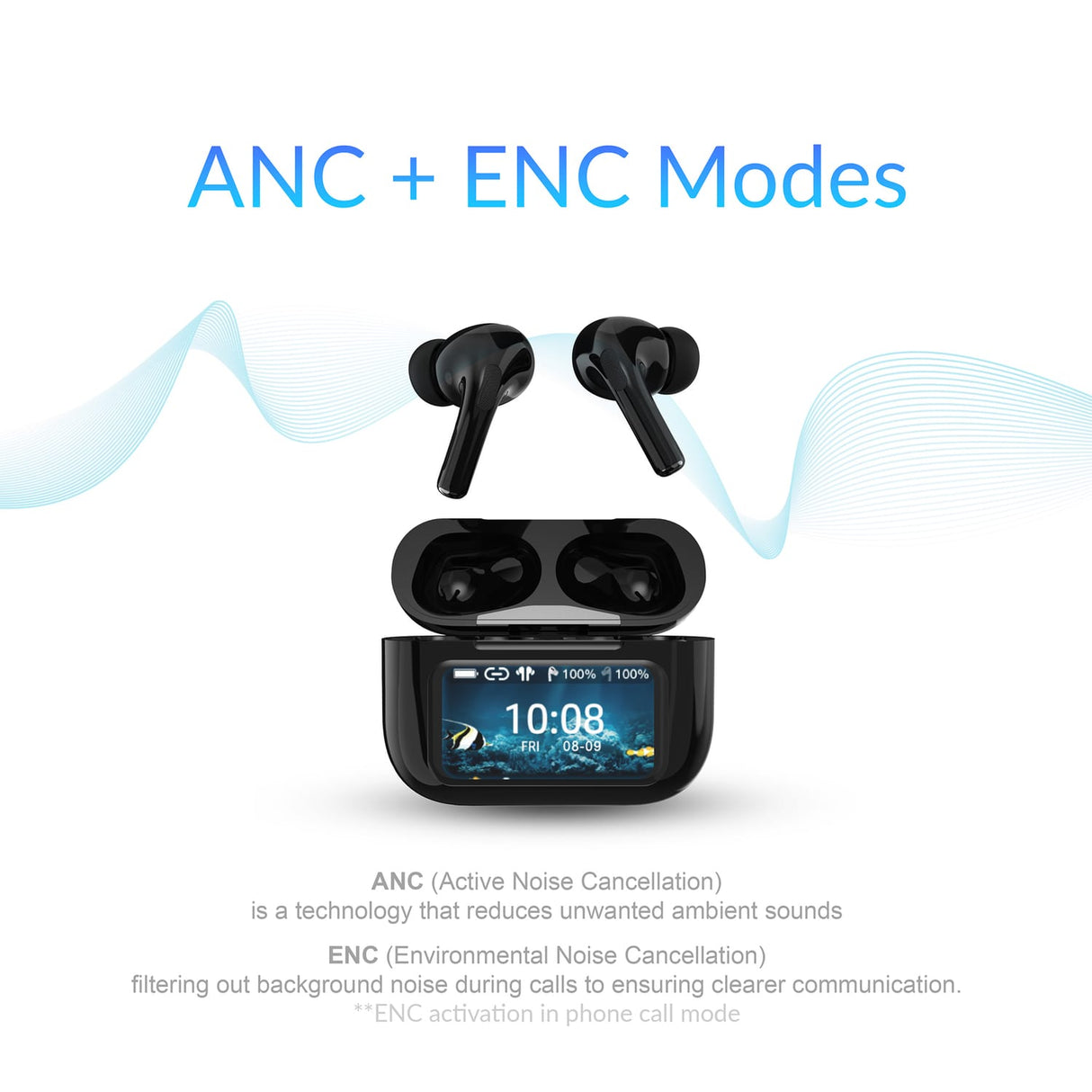 IQ Sound iQ Edge Pro TWS Bluetooth In-Ear Earbuds with Mic and Smart Display Charging Case, ANC and ENC, up to 20 Hours Play Time, IQ-341ANC, Black