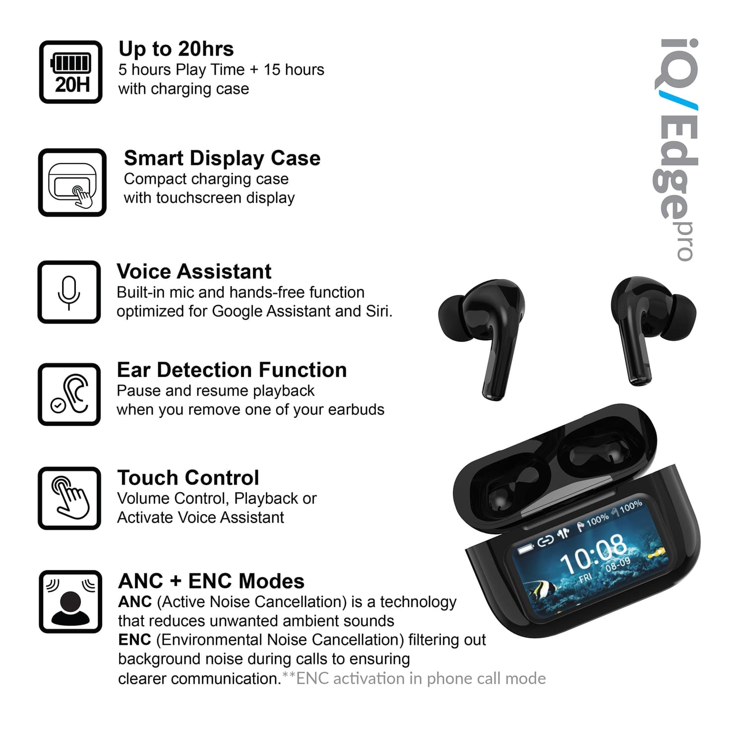 IQ Sound iQ Edge Pro TWS Bluetooth In-Ear Earbuds with Mic and Smart Display Charging Case, ANC and ENC, up to 20 Hours Play Time, IQ-341ANC, Black