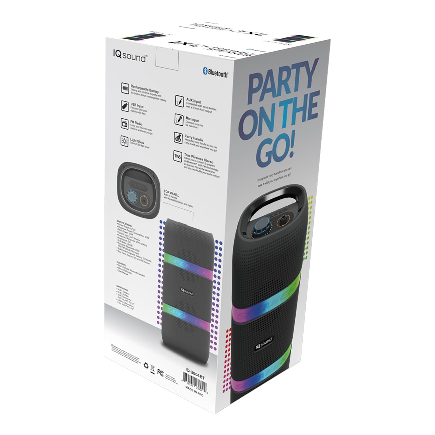 IQ Sound 10-Watt Portable Bluetooth Rechargeable Speaker with Dual 4-In Woofers, Lights, FM Radio, and Mic Input, IQ-3604BT