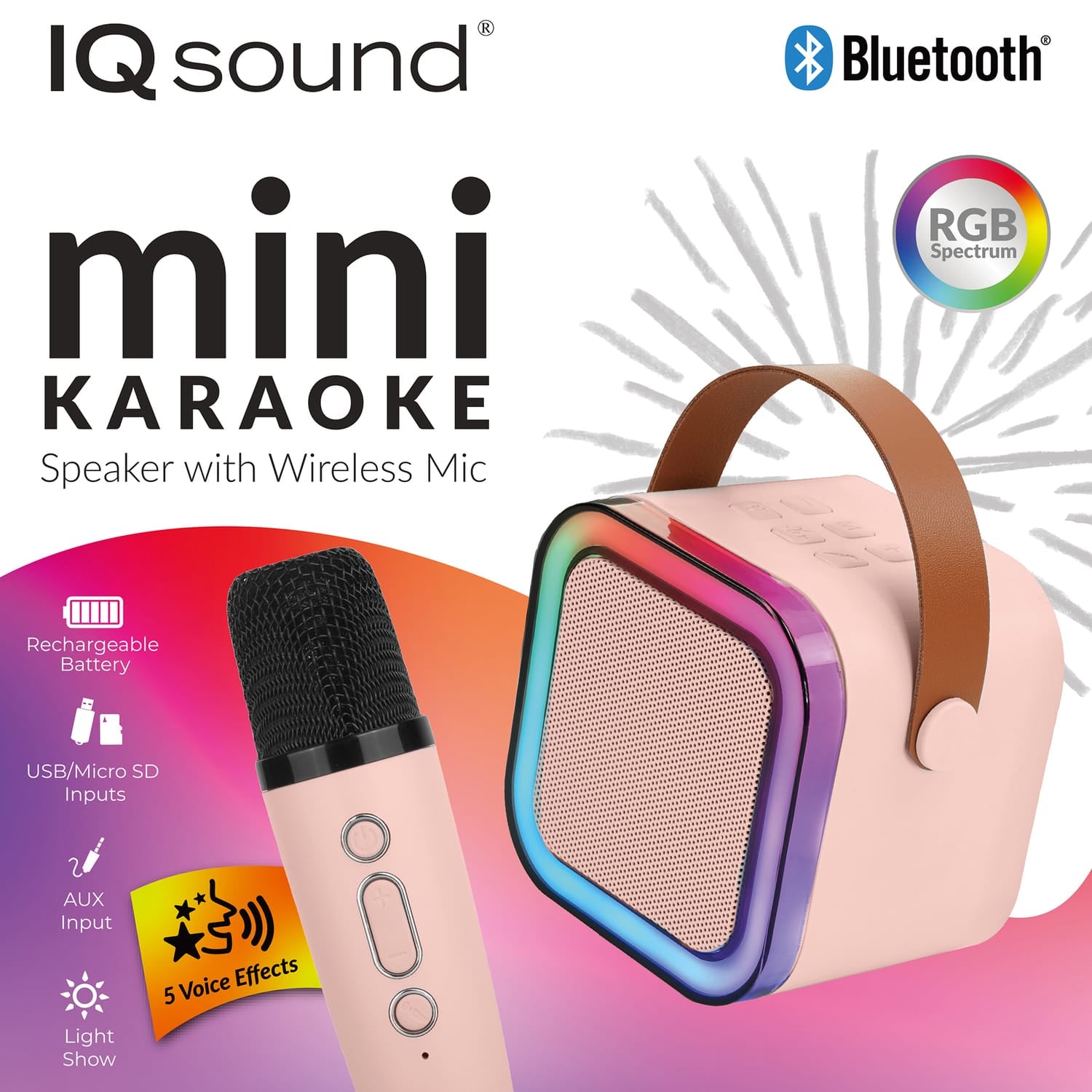 IQ Sound 5-Watt Portable Bluetooth Rechargeable Mini Karaoke Speaker with Wireless Mic, Lights, and Carry Strap, IQ-708K