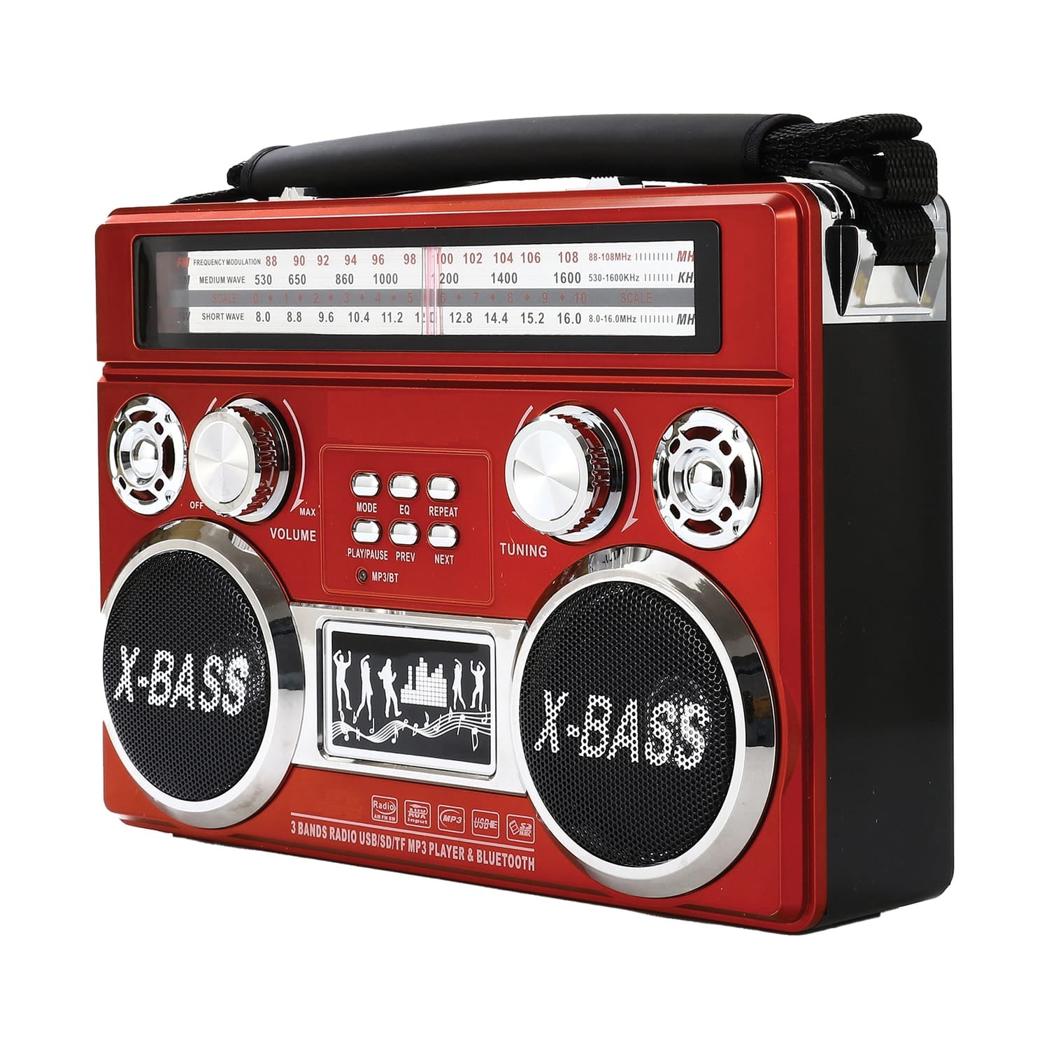 Supersonic Portable 3-Band Radio with Bluetooth and Flashlight, SC-1097BT, Red