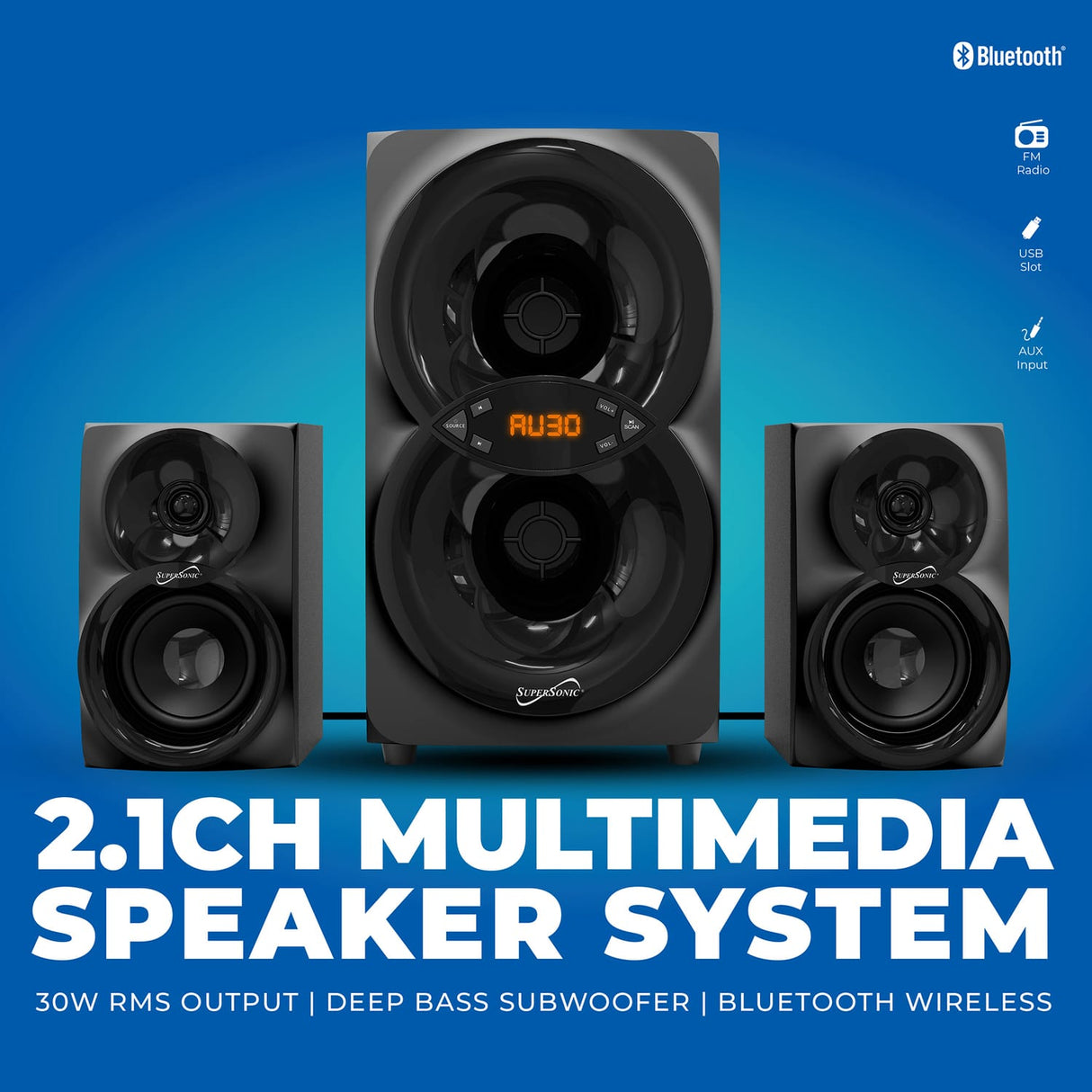 Supersonic 30-Watt-RMS Bluetooth SC-1136BT 2.1 Multimedia Speaker System with Two 3-In. Speakers, 5-In. Subwoofer, FM Radio, USB/Aux, and Remote
