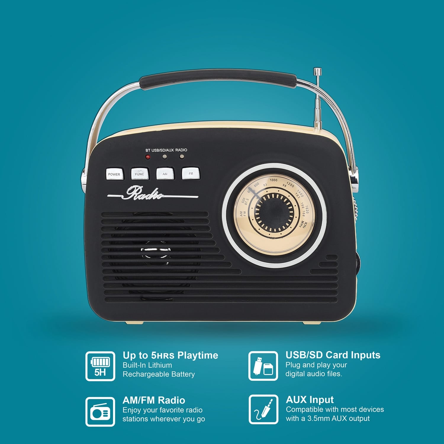 Supersonic Retro Portable AM/FM Radio with Bluetooth, SC-1201, Black