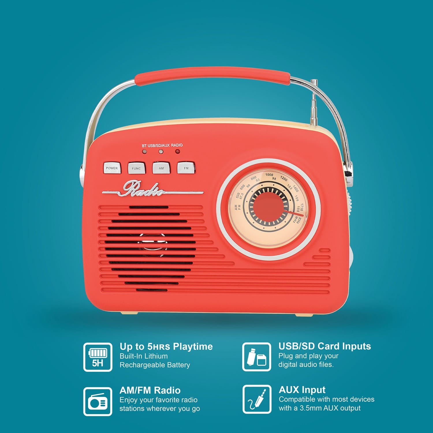 Supersonic Retro Portable AM/FM Radio with Bluetooth, SC-1201, Red
