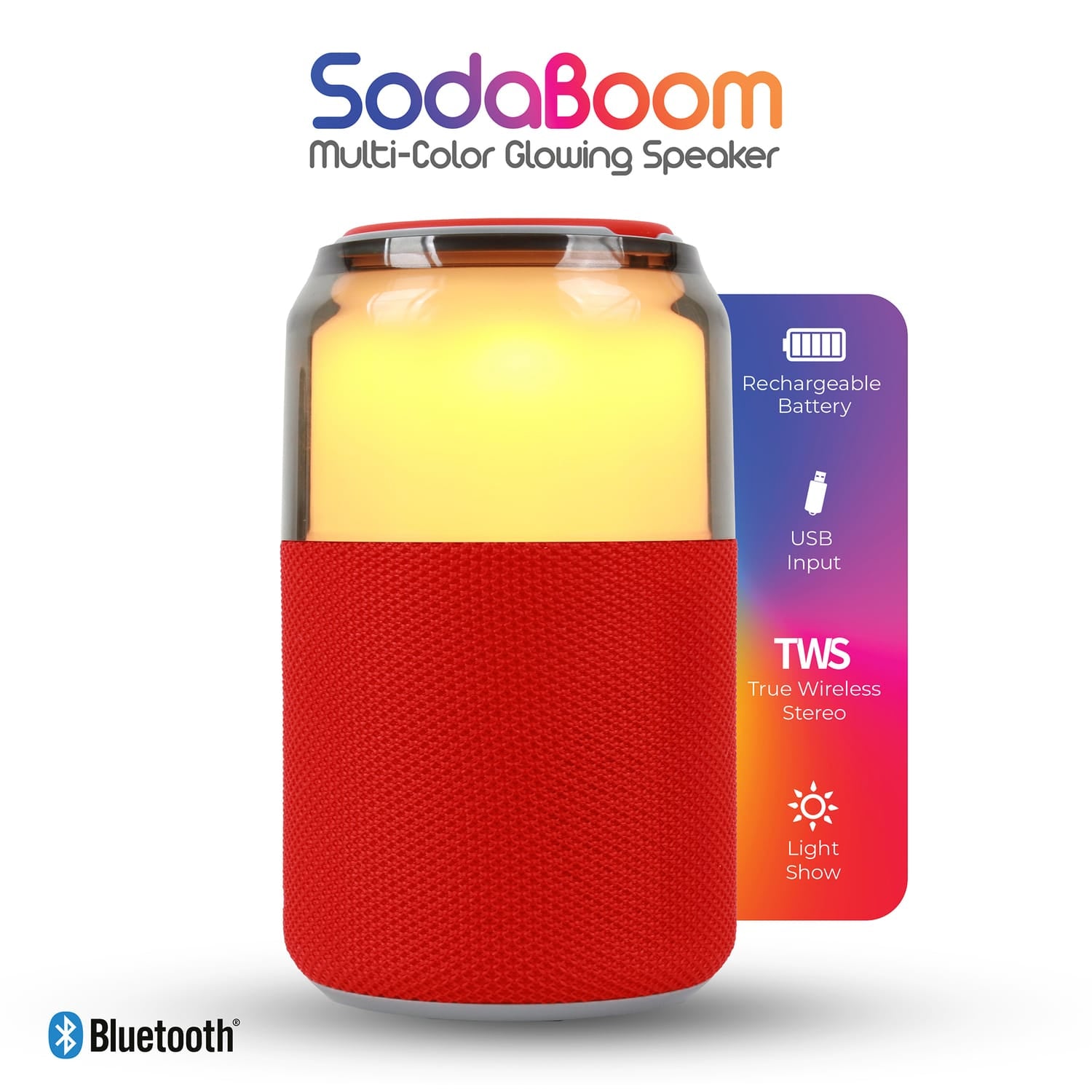 Supersonic SodaBoom Portable Bluetooth Speaker, True Wireless, with LED Light Show, SC-2335BT, Red