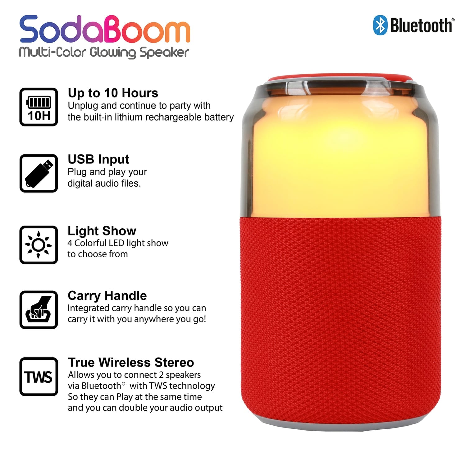 Supersonic SodaBoom Portable Bluetooth Speaker, True Wireless, with LED Light Show, SC-2335BT, Red