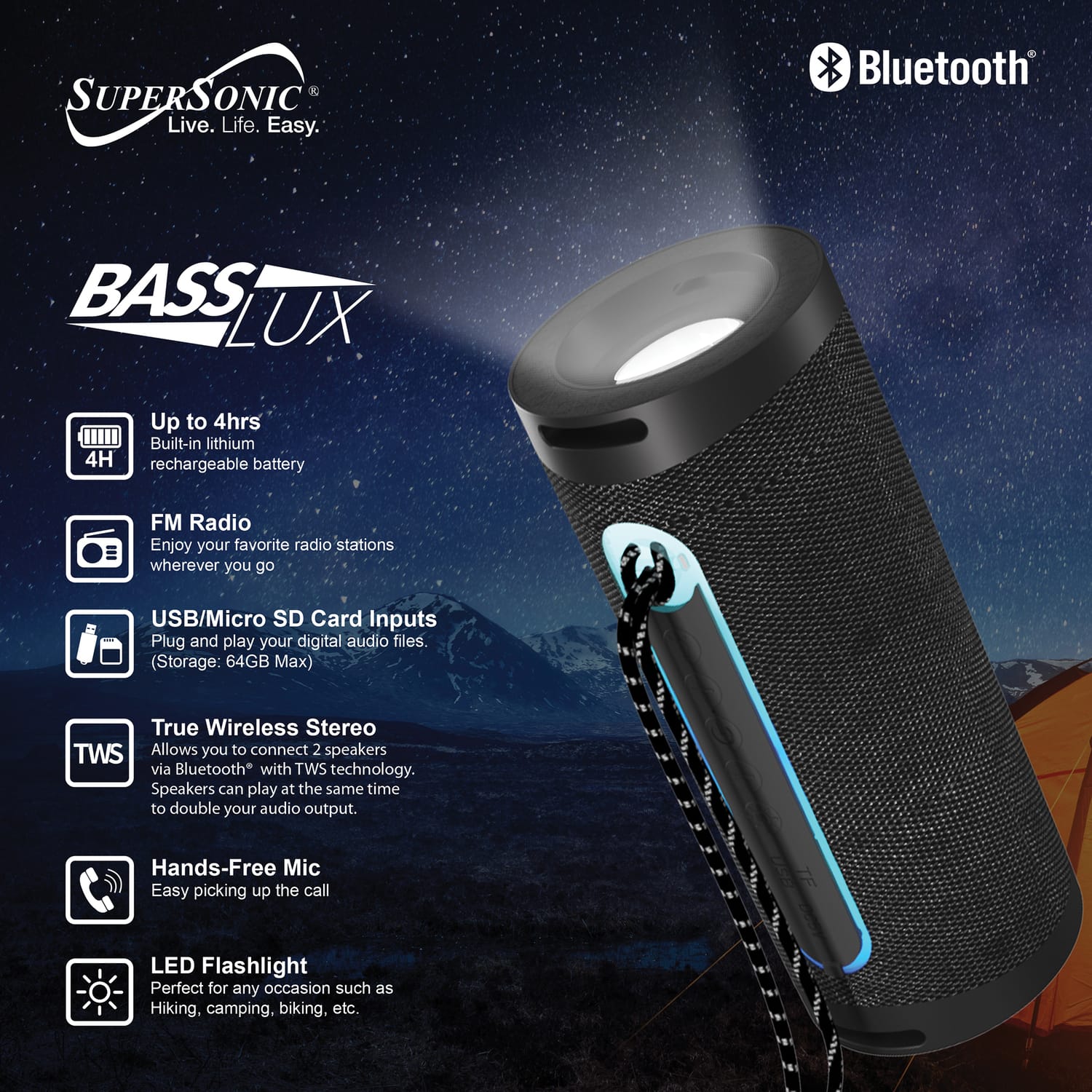 Supersonic Portable Bluetooth Speaker with LED Flashlight and Speakerphone, SC-2340BT, Black