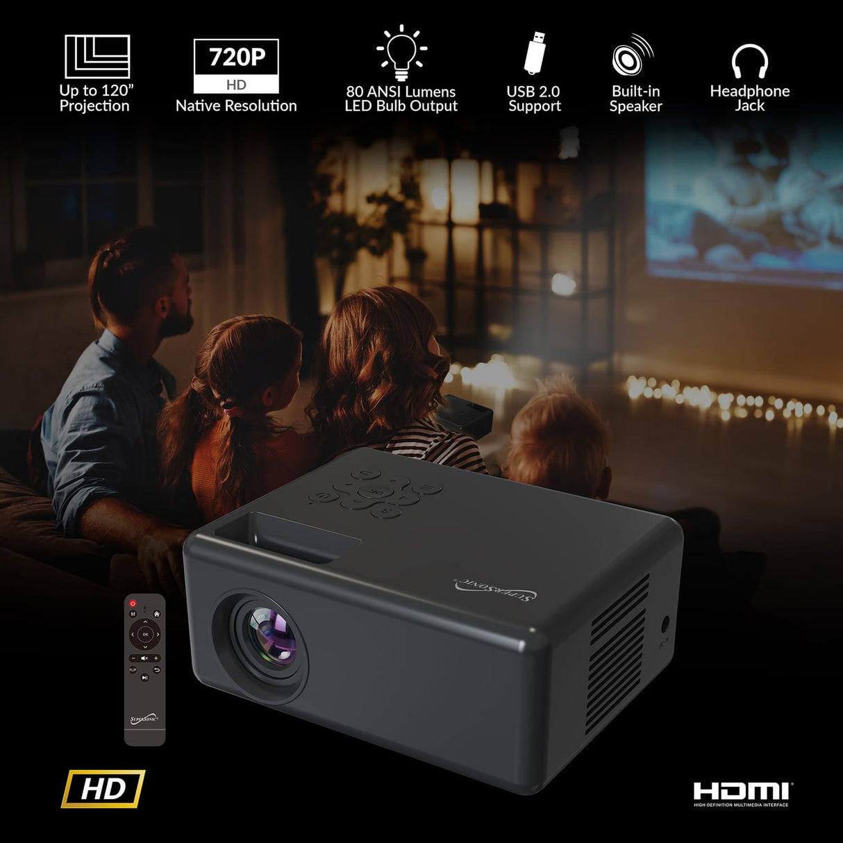 Supersonic 720p HD 800-ANSI-Lumen Compact LED Projector