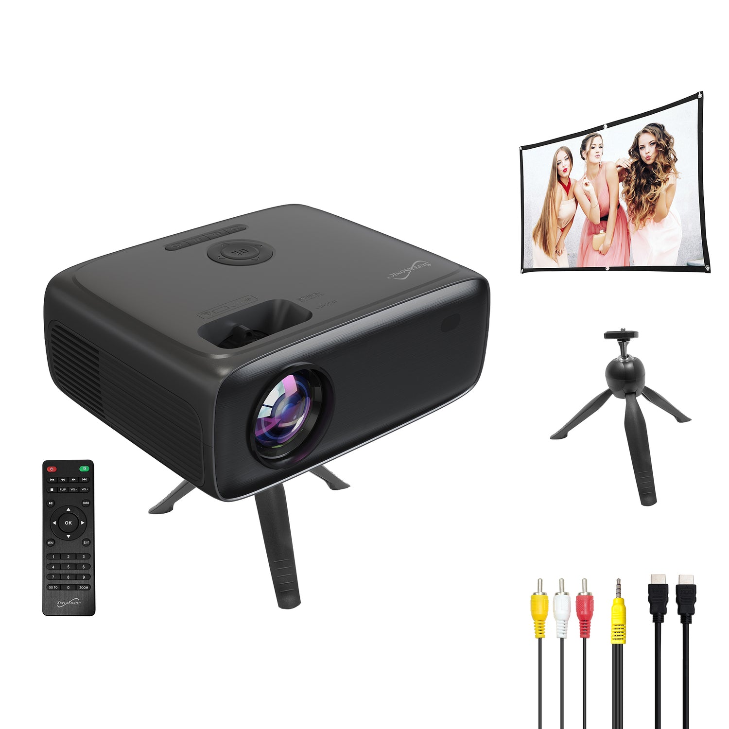 Supersonic 1080p 300-ANSI-Lumen Compact LED Projector Kit with Bluetooth, Stand, Screen, Remote, and Cables