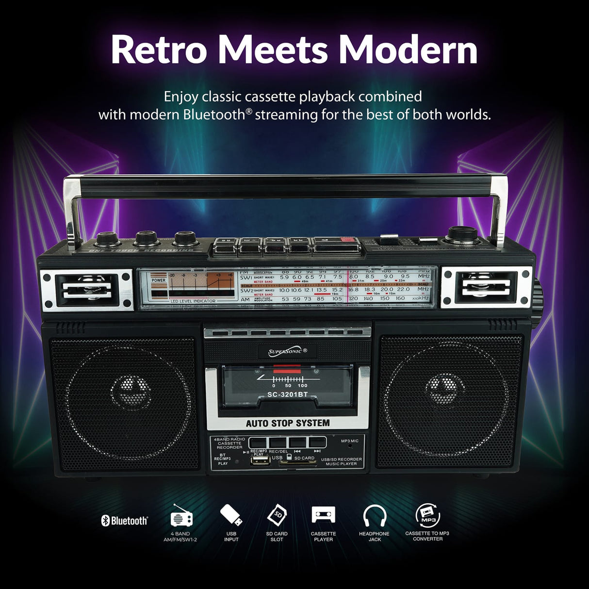 Supersonic Retro Bluetooth Cassette/AM/FM/Shortwave Boom Box, SC-3201BT, Black
