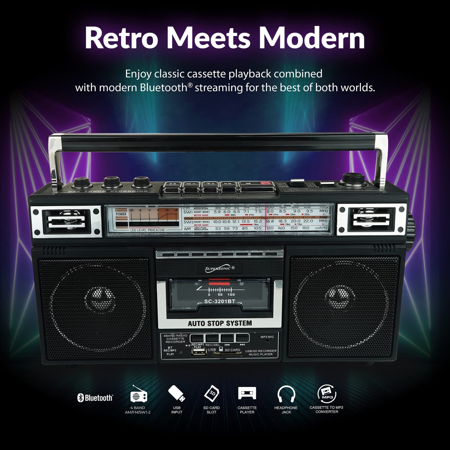 Supersonic Retro Bluetooth Cassette/AM/FM/Shortwave Boom Box, SC-3201BT, Black