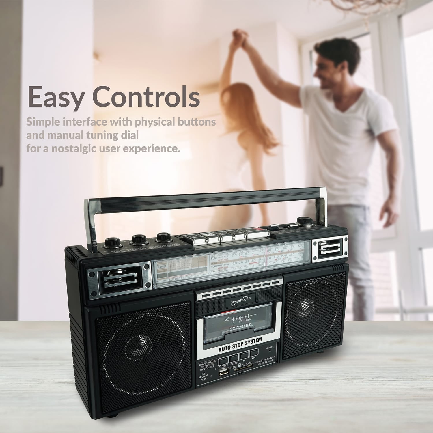 Supersonic Retro Bluetooth Cassette/AM/FM/Shortwave Boom Box, SC-3201BT, Black