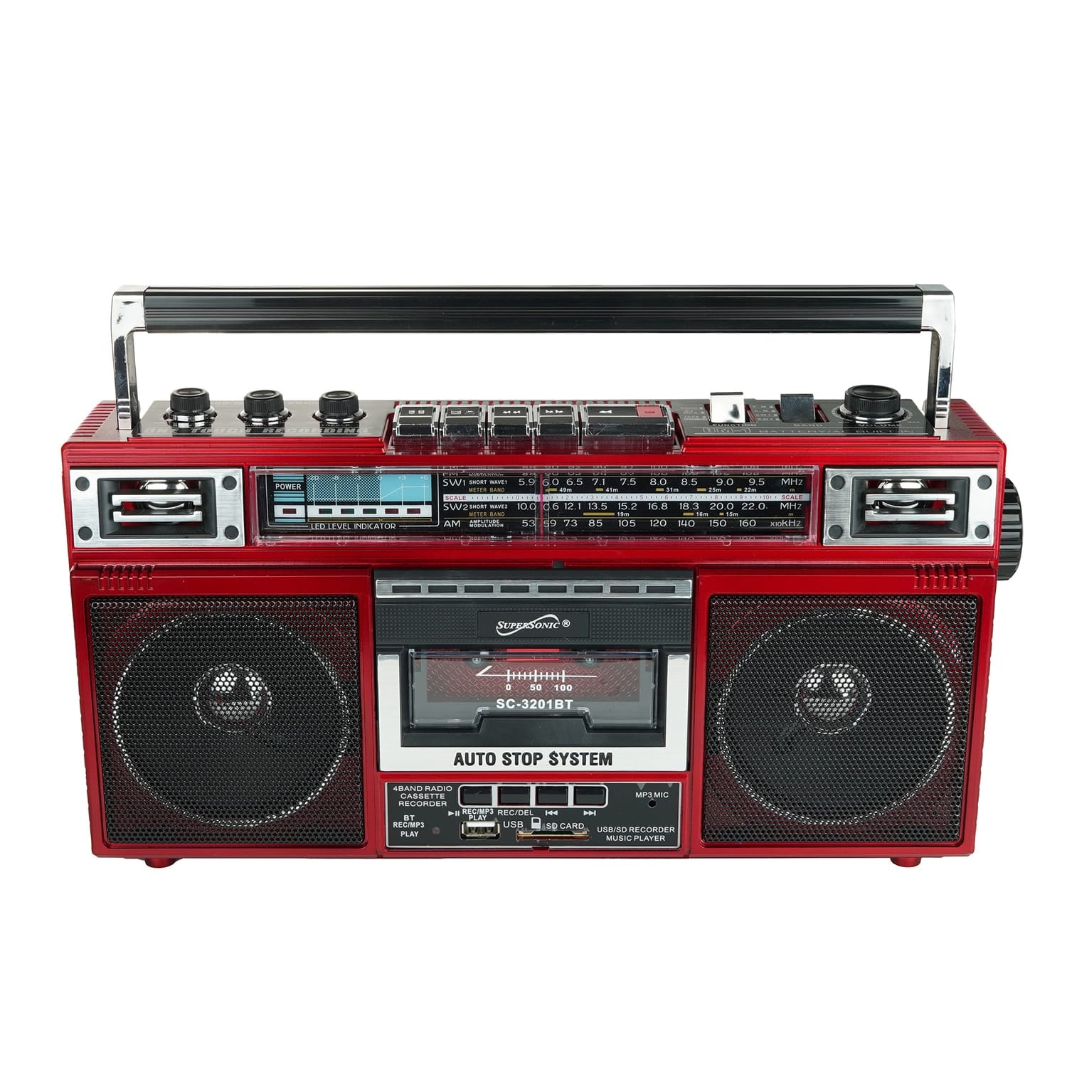 Supersonic Retro Bluetooth Cassette/AM/FM/Shortwave Boom Box, SC-3201BT, Red