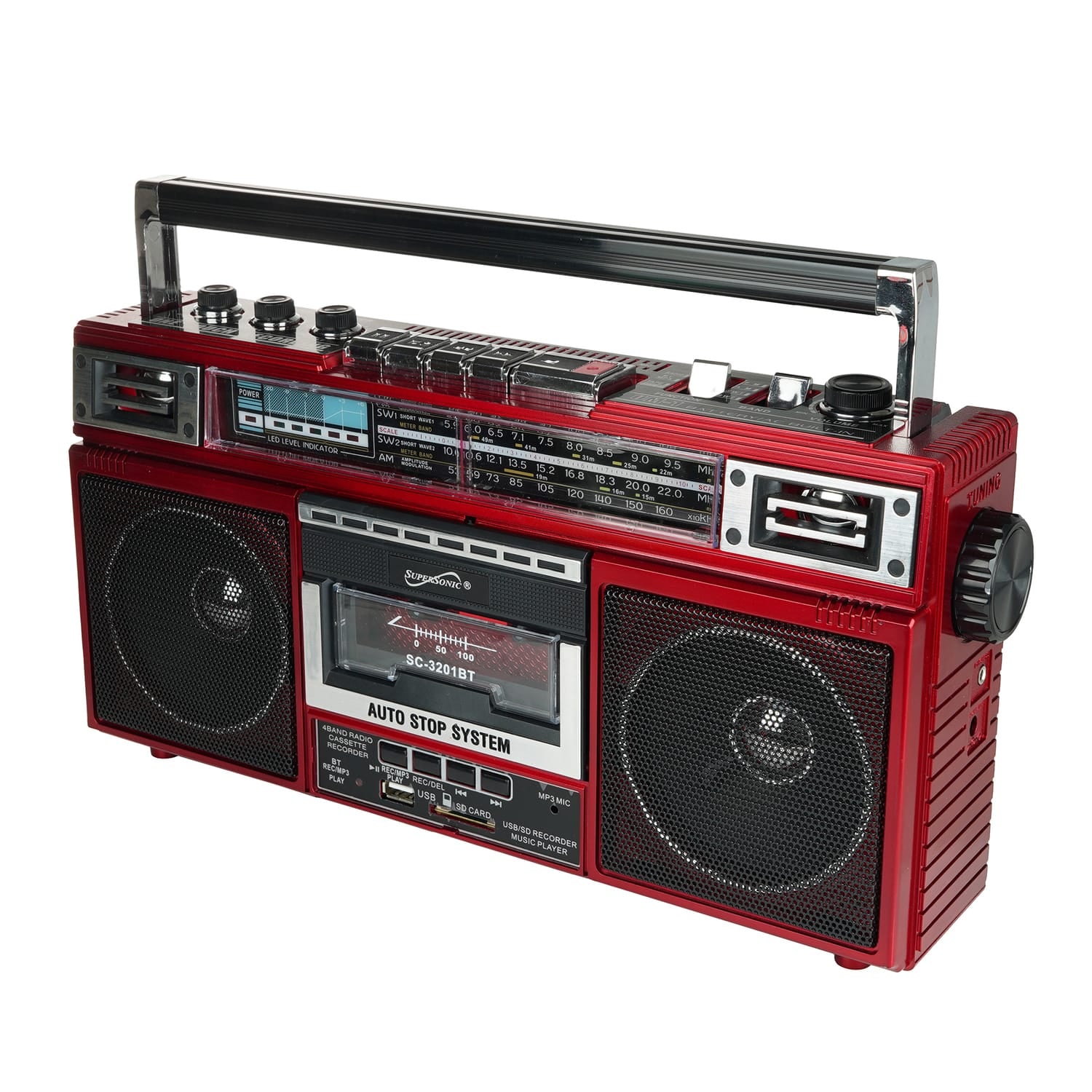 Supersonic Retro Bluetooth Cassette/AM/FM/Shortwave Boom Box, SC-3201BT, Red