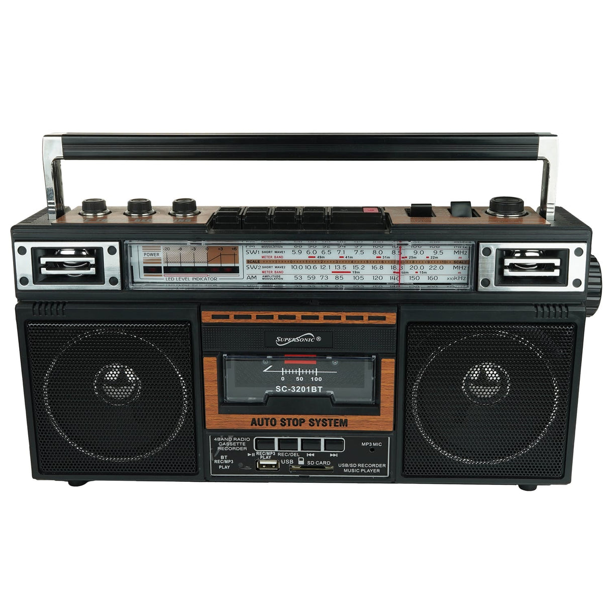 Supersonic Retro Bluetooth Cassette/AM/FM/Shortwave Boom Box, SC-3201BT, Wood