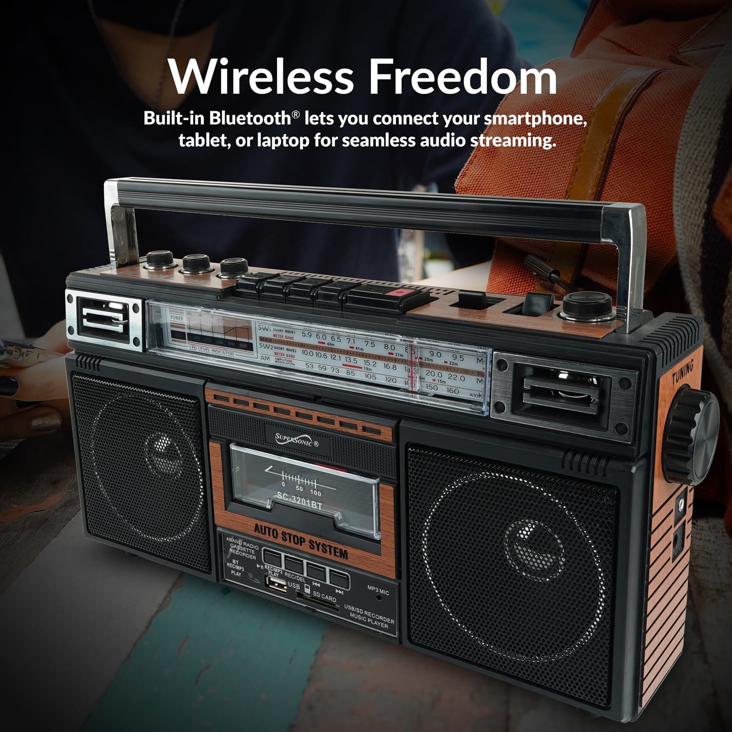 Supersonic Retro Bluetooth Cassette/AM/FM/Shortwave Boom Box, SC-3201BT, Wood
