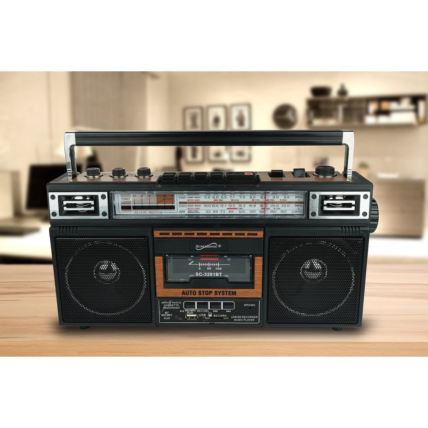 Supersonic Retro Bluetooth Cassette/AM/FM/Shortwave Boom Box, SC-3201BT, Wood
