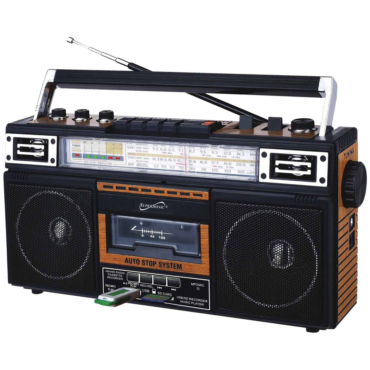 Supersonic Retro Bluetooth Cassette/AM/FM/Shortwave Boom Box, SC-3201BT, Wood