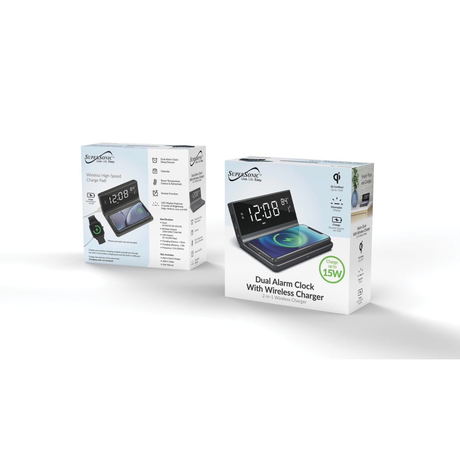 Supersonic Dual Alarm Clock with 2-in-1 Wireless Charging