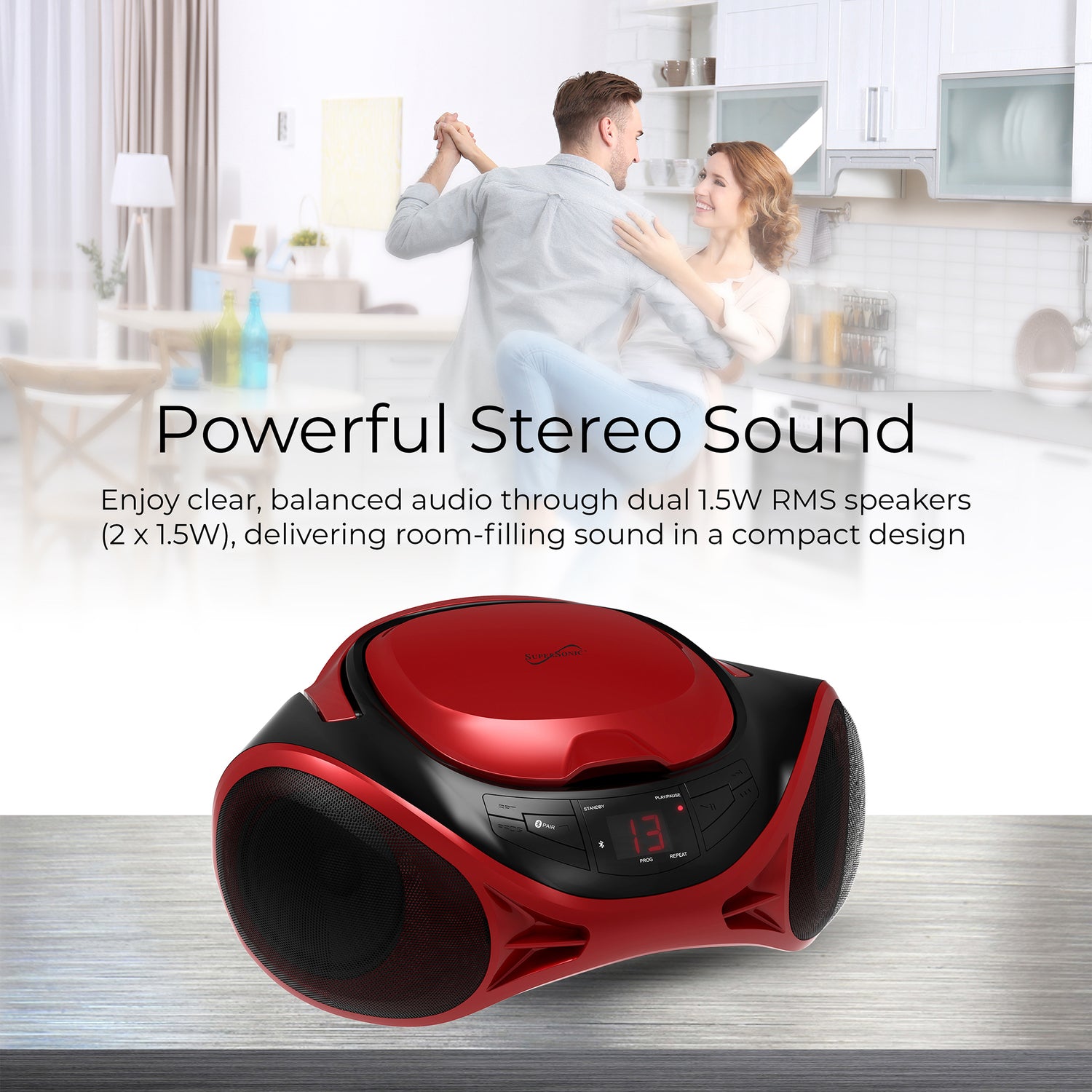Supersonic 3-Watt-RMS Portable Bluetooth CD Music System with Built-in Speakers, CD Player, AM/FM Radio, and Aux, Dual Power, SC-726BT, Red